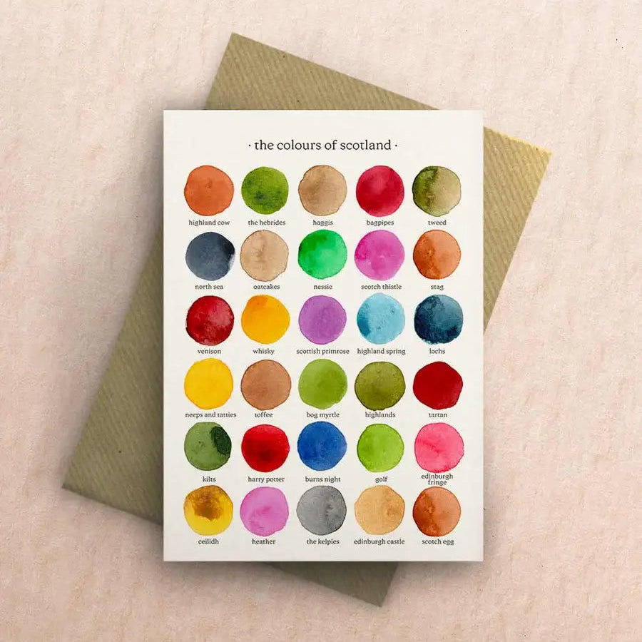 Colours of Scotland watercolour greetings card with kraft envelope on pink background
