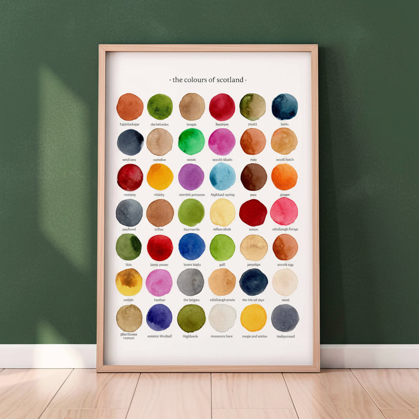Colours of Scotland watercolour art print in wood frame against green wall