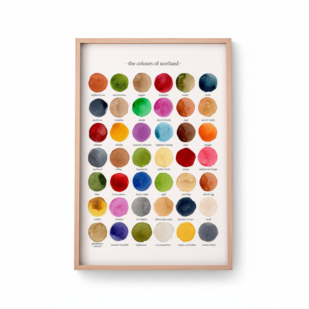 Colours of Scotland watercolour art print in wood frame against white wall