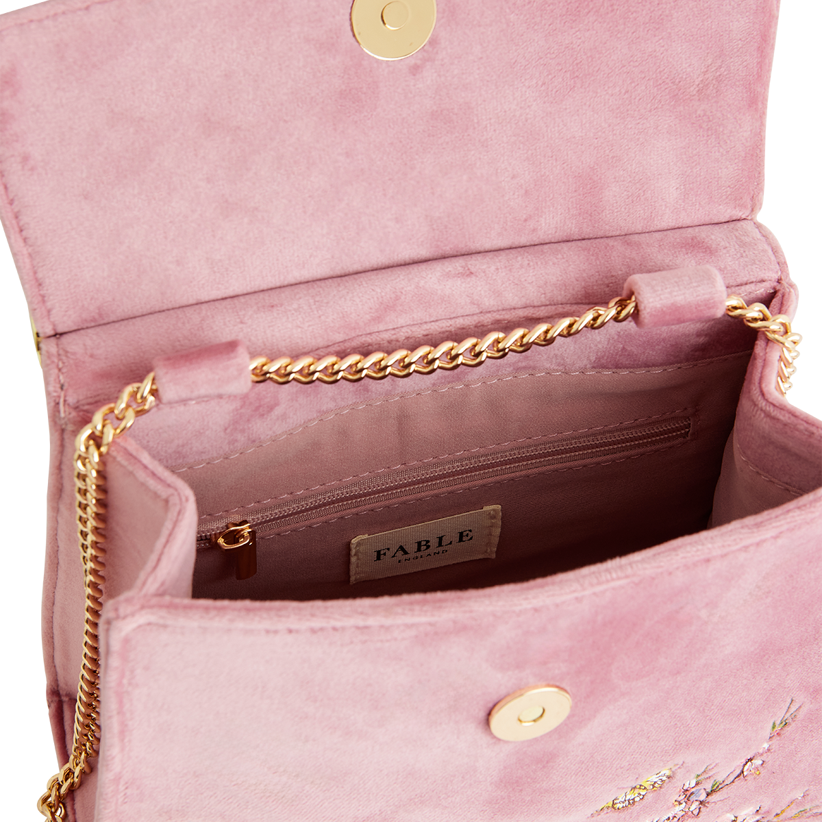 Morning Song Bird tote open showing pink interior and Fable label