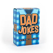 Dad Jokes card box in blue tartan design on white background
