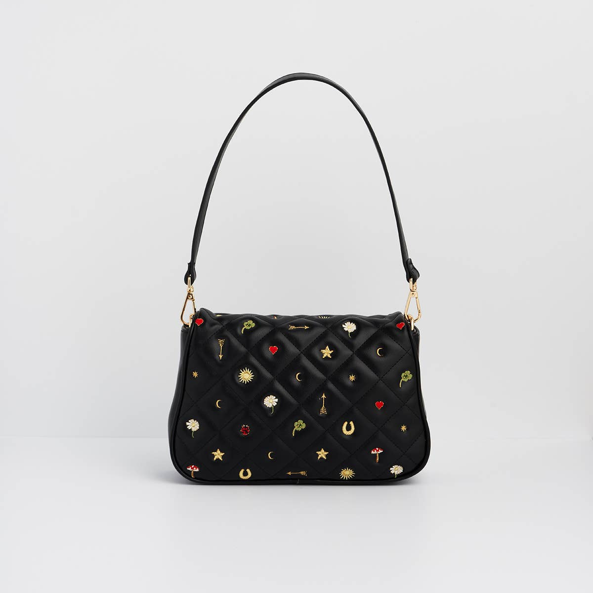 Black Quilted Motif Embroidered Crossbody interior view with internal pocket