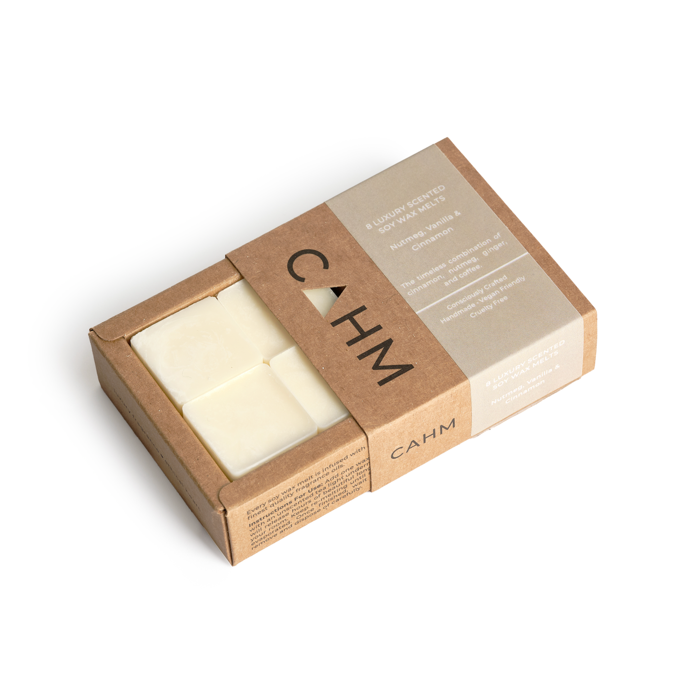 Cahm Nutmeg, Vanilla and Cinnamon soya wax melt box, front view