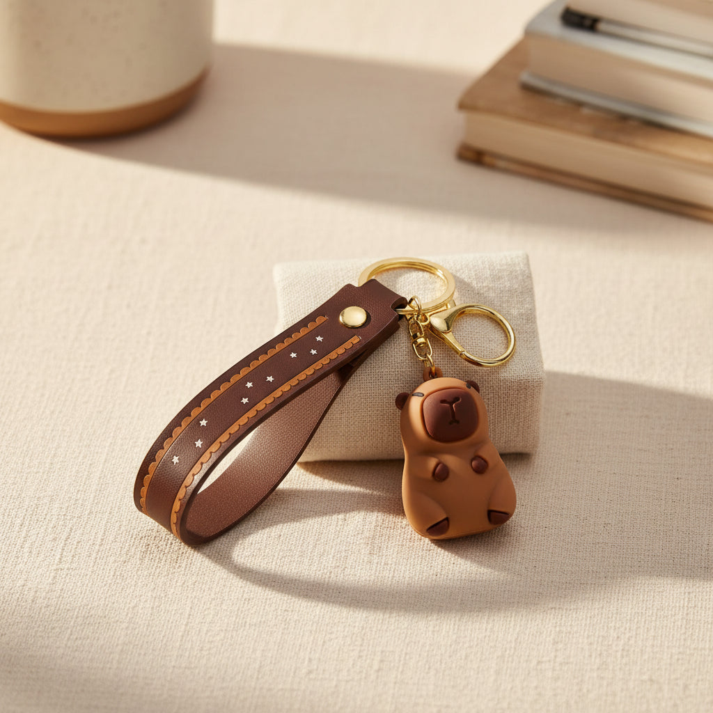 Full-length capybara keyring with brown patterned strap and gold ring.