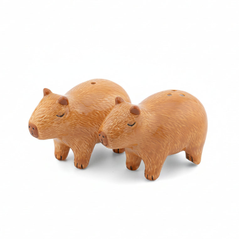 Pair of brown ceramic capybara salt and pepper shakers