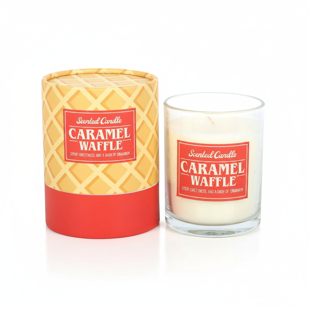 Caramel Waffle candle showing coral label and cream wax
