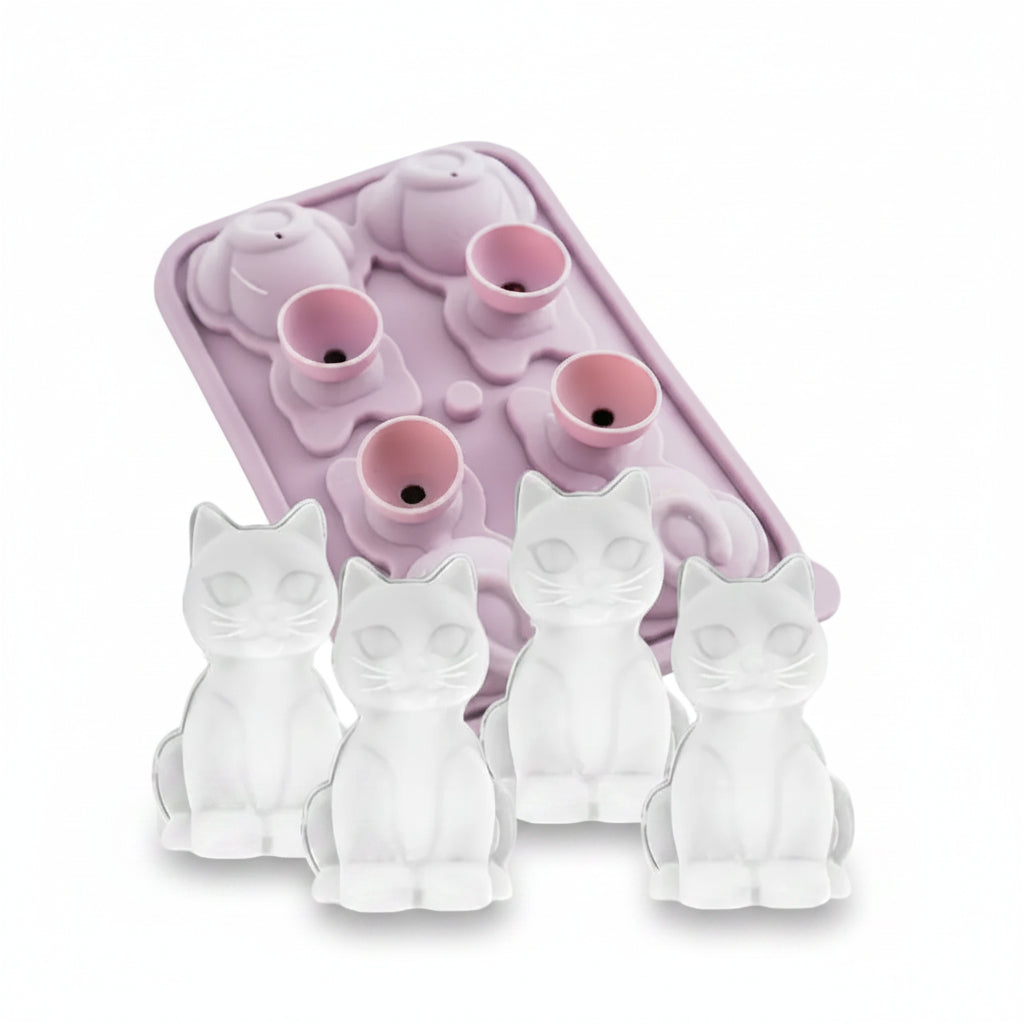 Pink cat ice cube tray with four 3D cat ice cubes