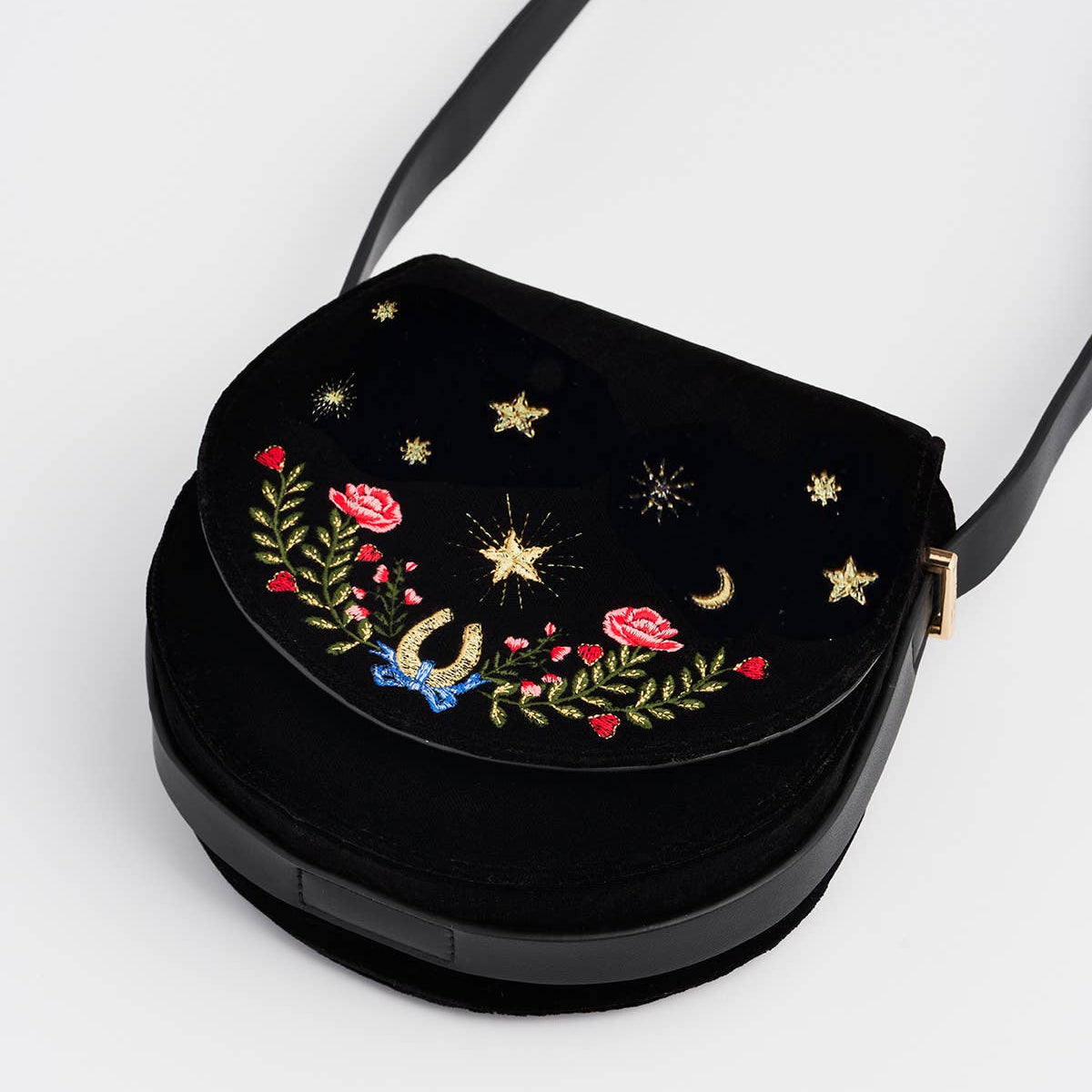 Black Dove and Floral Star Velvet Embroidered Saddle Bag interior view with zip pocket
