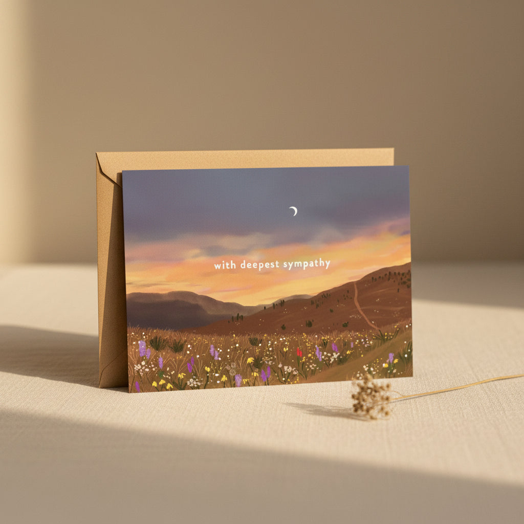 Wildflower sympathy card with sunset landscape and crescent moon on cream background