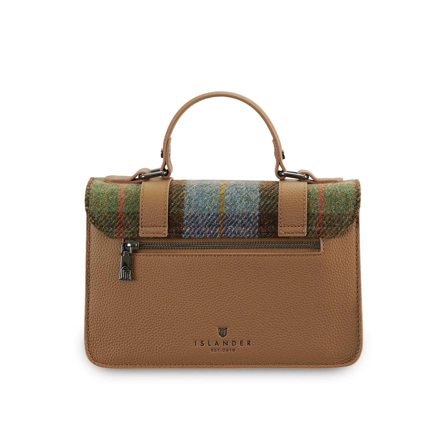 Back view of chestnut and blue Harris Tweed medium leather satchel with zip pocket.
