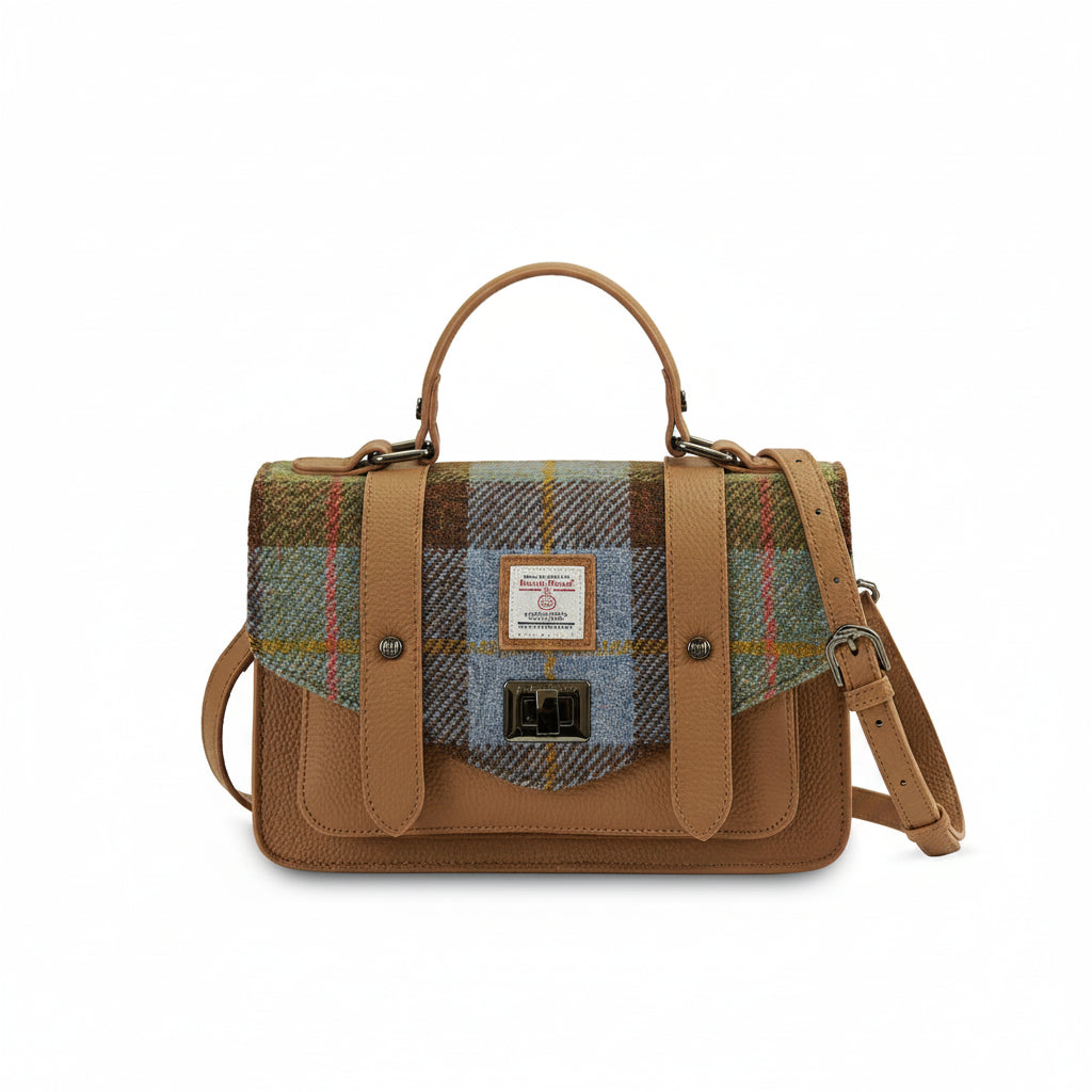 Chestnut and blue Harris Tweed medium leather satchel with adjustable shoulder strap.