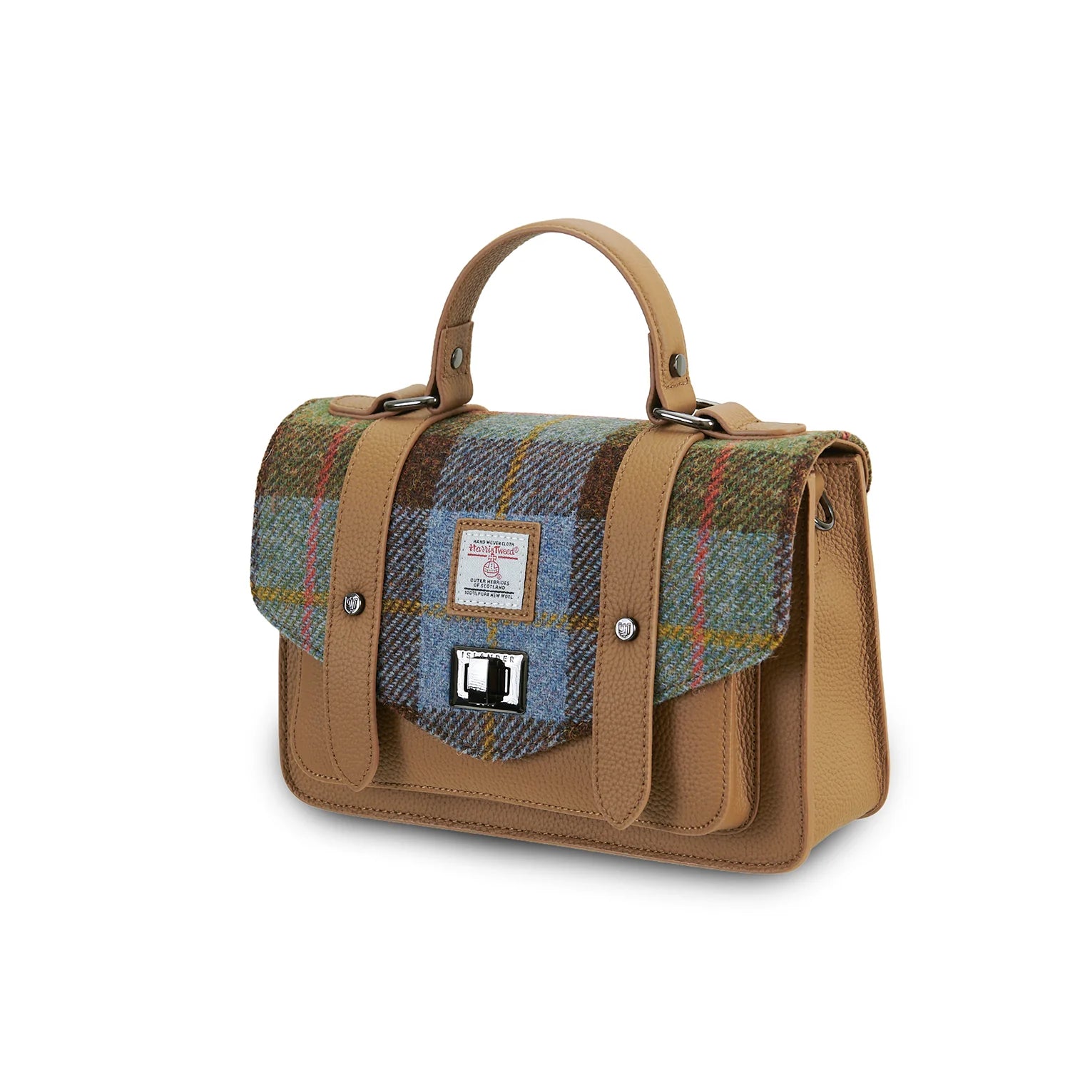 Angled view of chestnut and blue tartan Harris Tweed medium leather satchel.