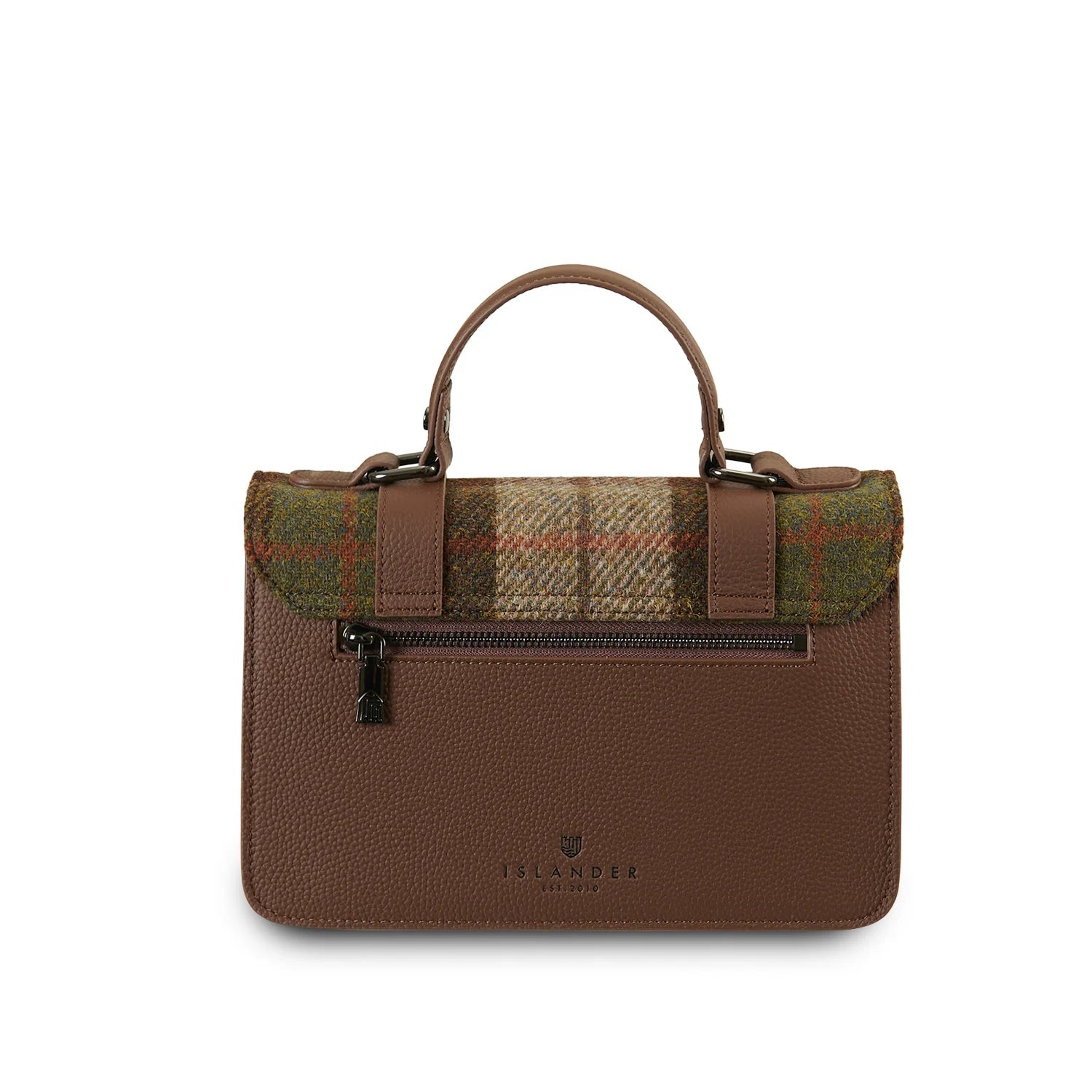 Back view of chestnut Harris Tweed medium leather satchel with rear zip pocket.