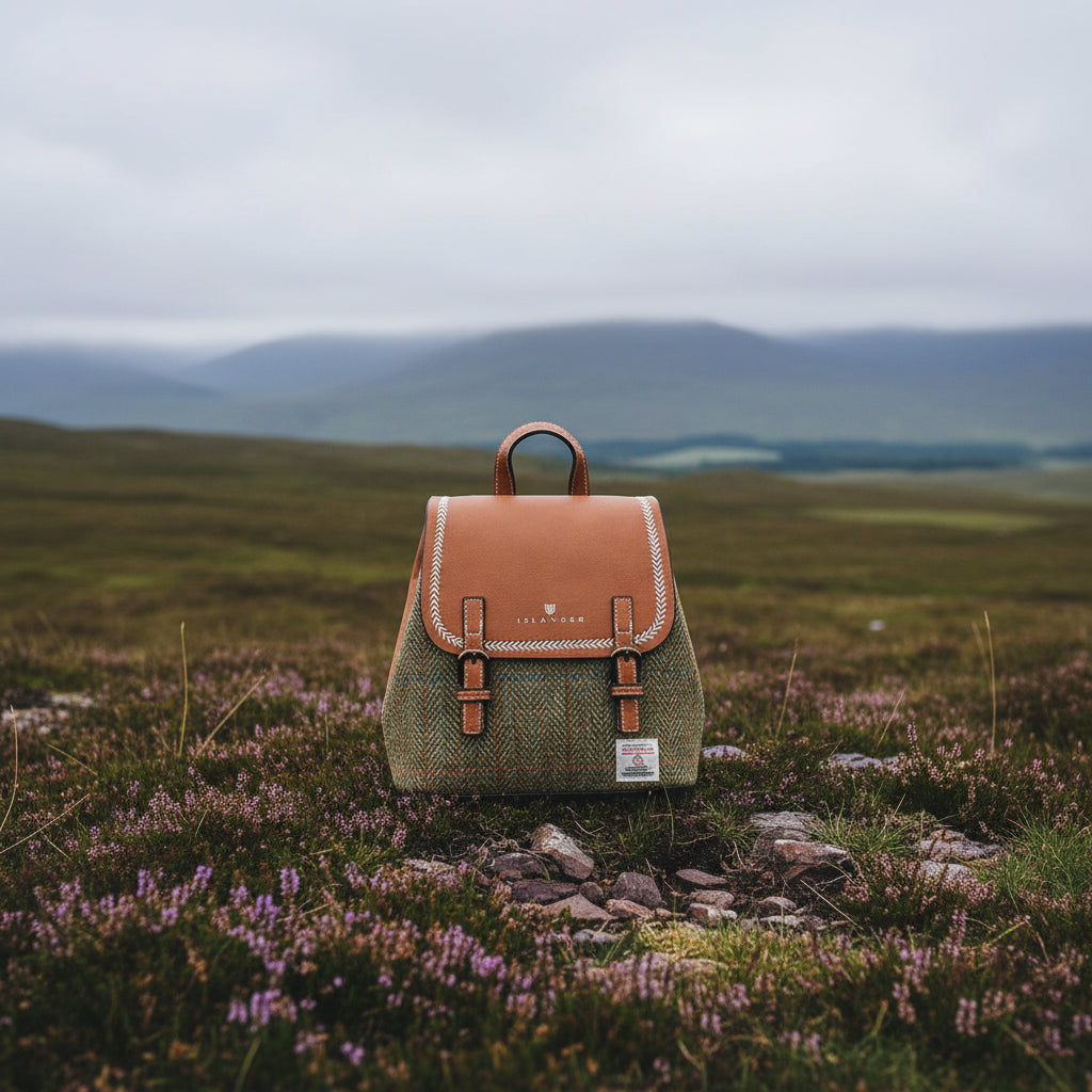 Angled view of Chestnut Herringbone Harris Tweed Mini Jura backpack with buckle detail.