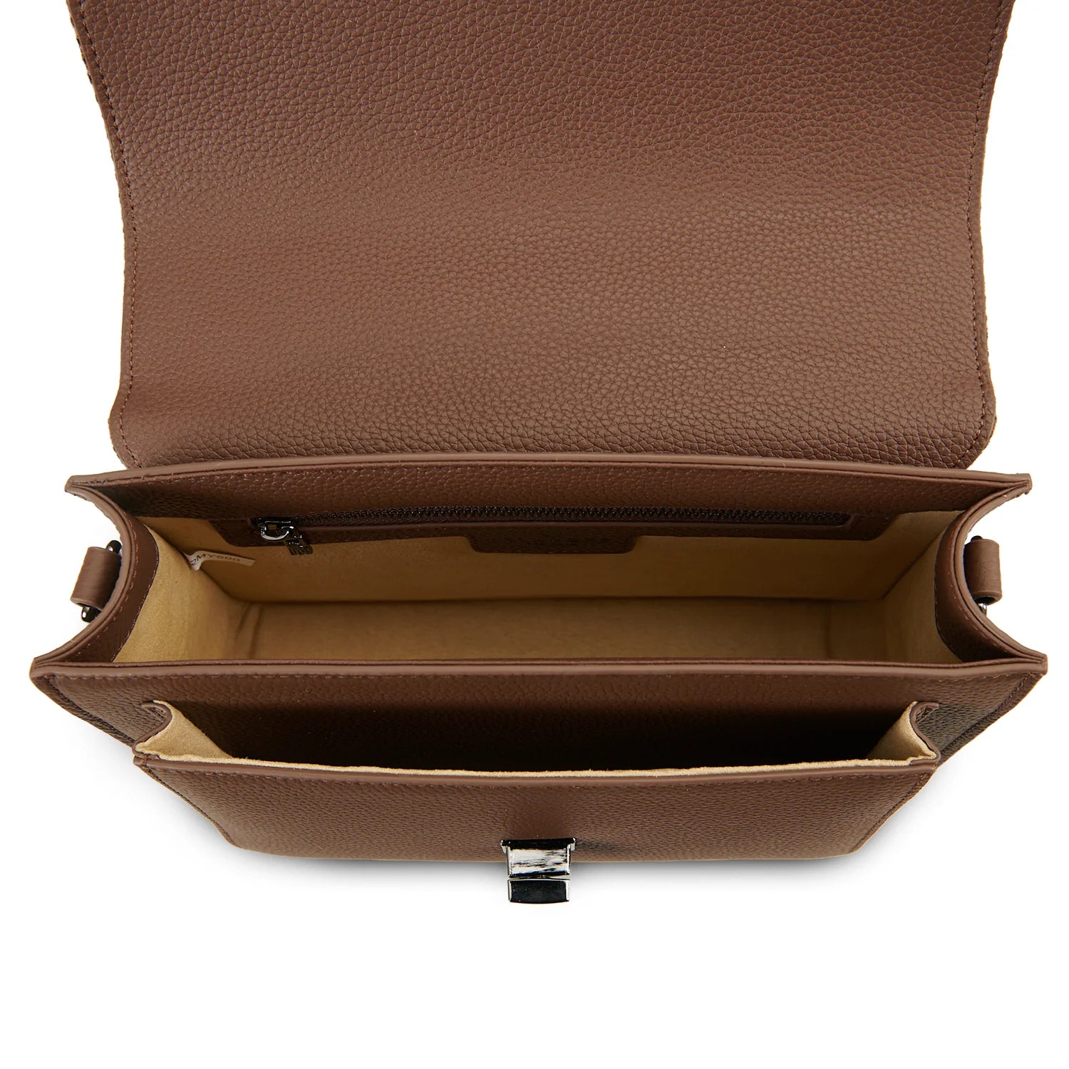 Detailed interior view of chestnut leather satchel with structured sections.