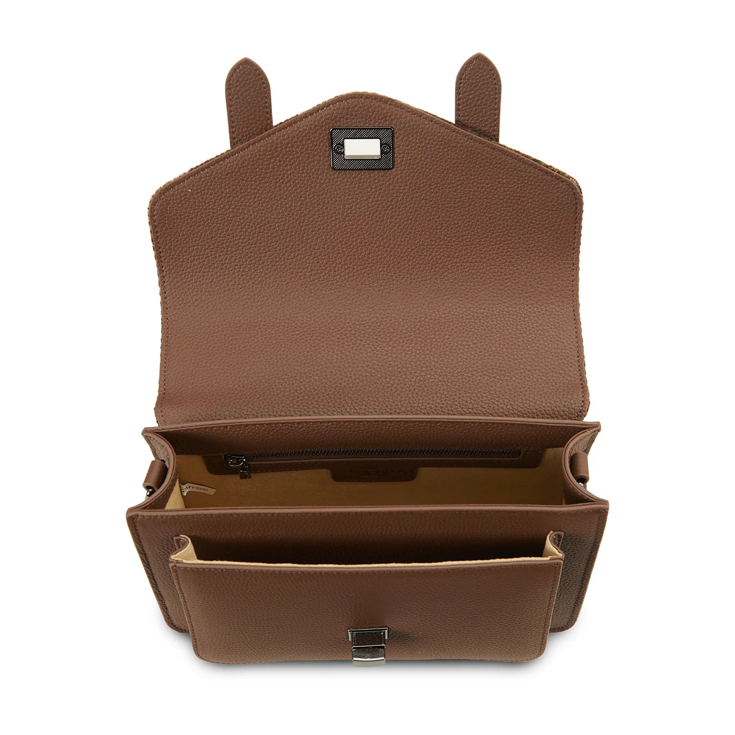 Open interior of chestnut medium leather satchel showing compartments and zip pocket.