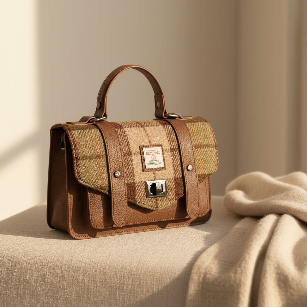 Angled front view of chestnut tartan Harris Tweed medium leather satchel.