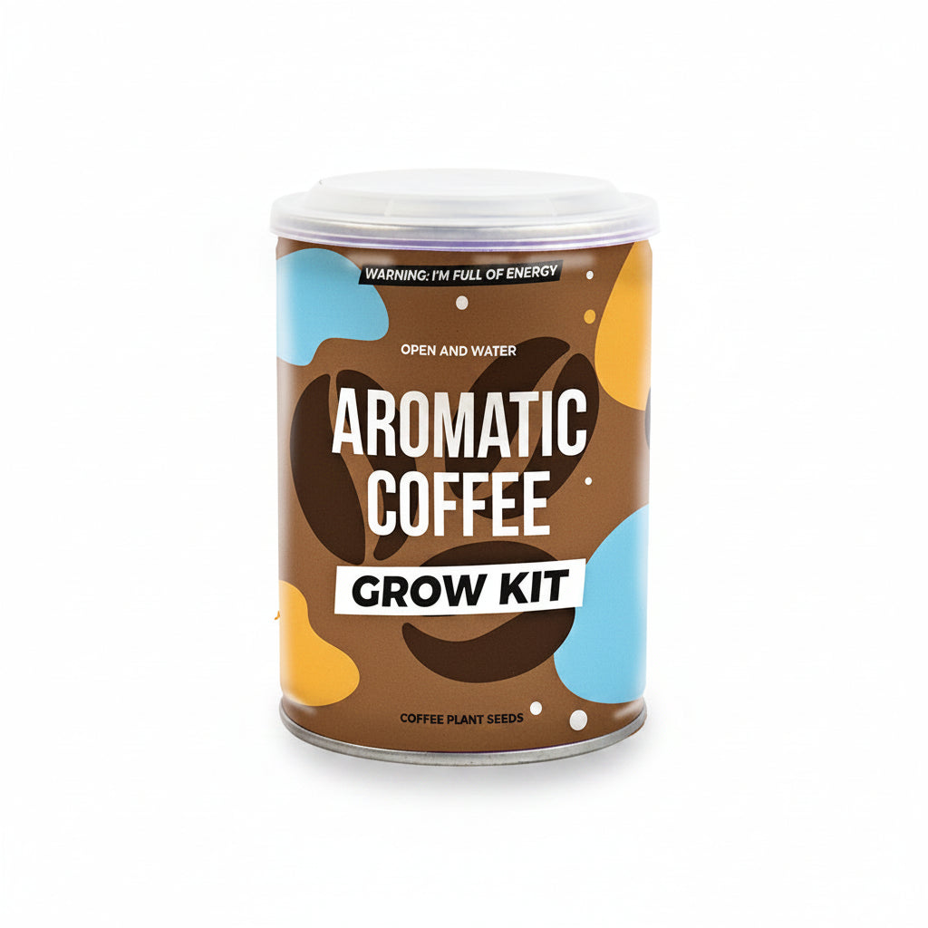 Coffee grow tin seed kit with lid on white background