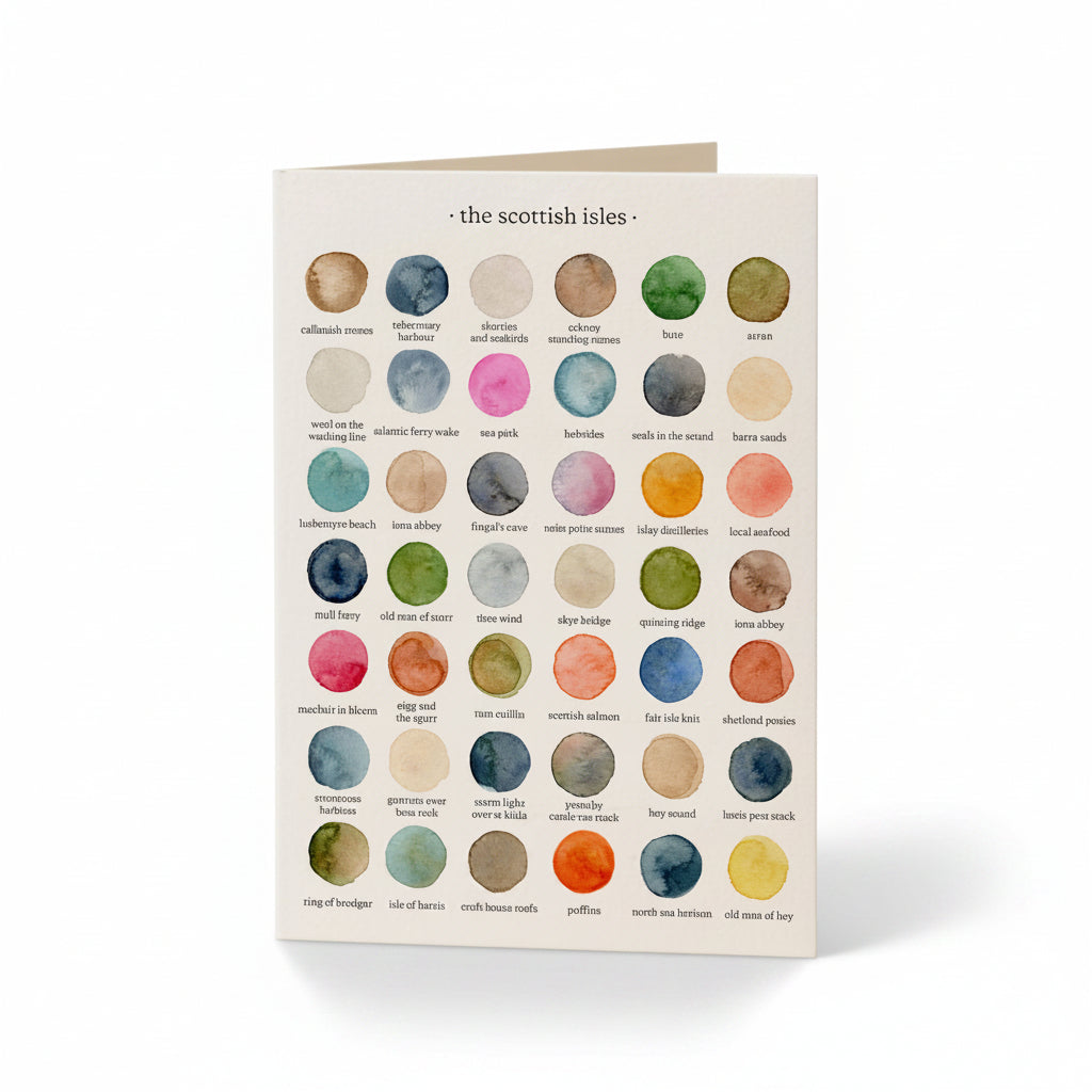 Card with color swatches labeled 'the Scottish isles' on a beige background