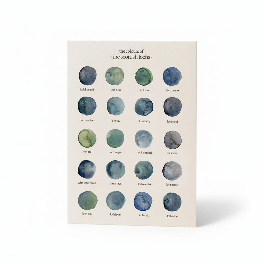 Colours of the Scottish Lochs greetings card standing upright on white background