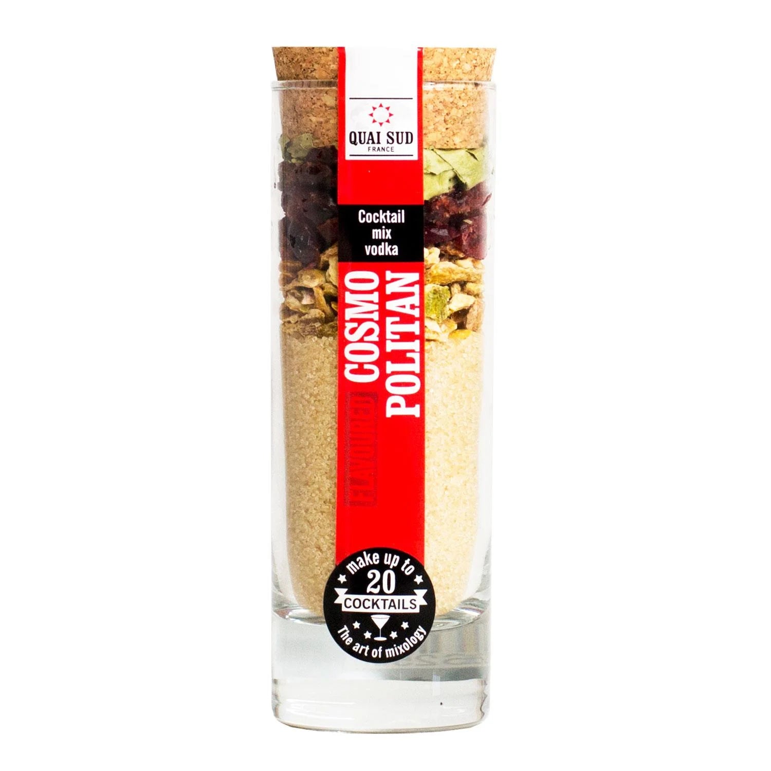Cosmopolitan Cocktail Mix jar with red label and cork lid.