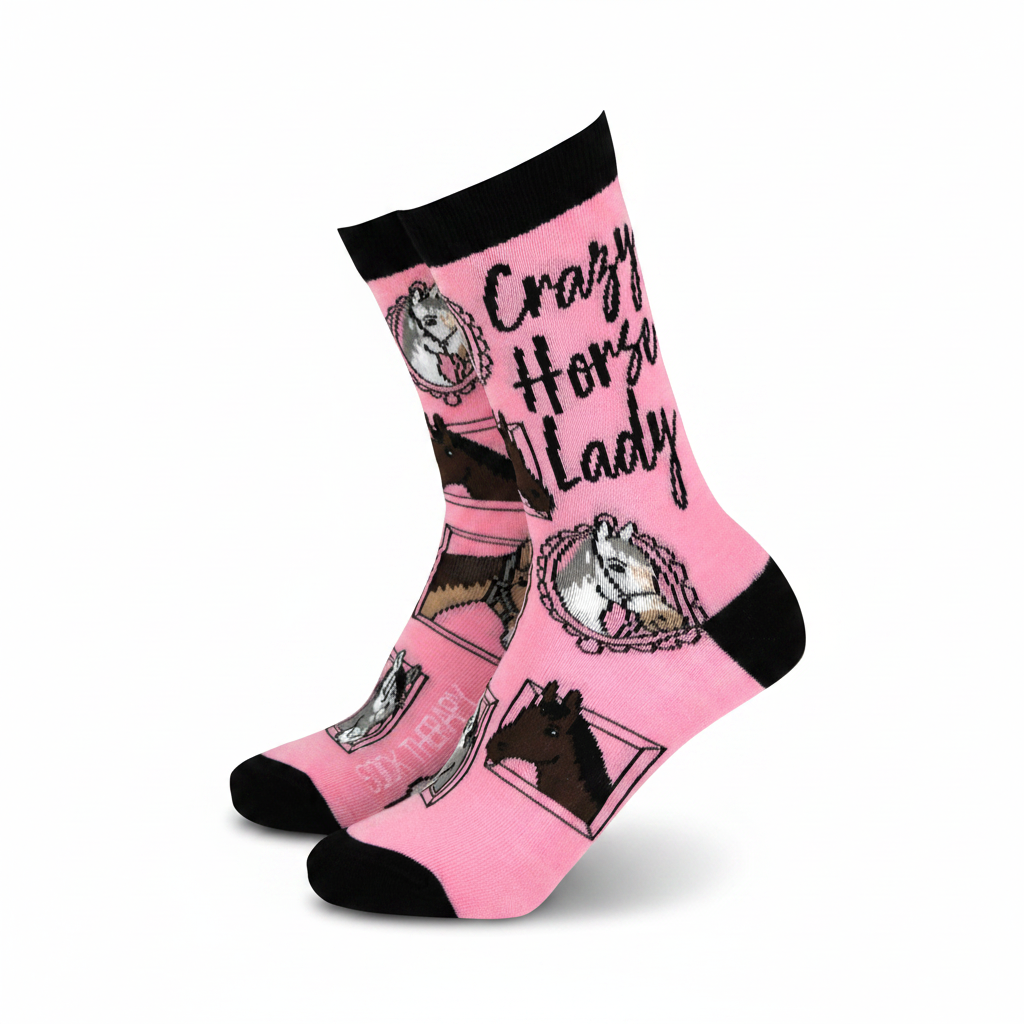 Pink socks with horse designs and text on a white background