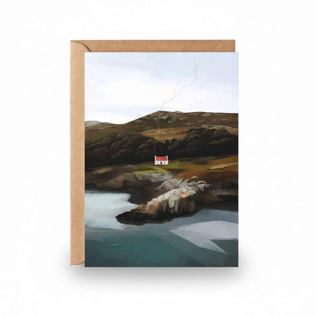 Croft Cottage greeting card featuring Sara Willia's Scottish landscape artwork with kraft envelope