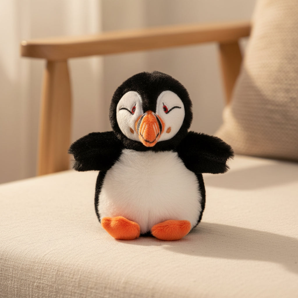 Puffin plush toy sitting on cream cushion beside a wooden chair