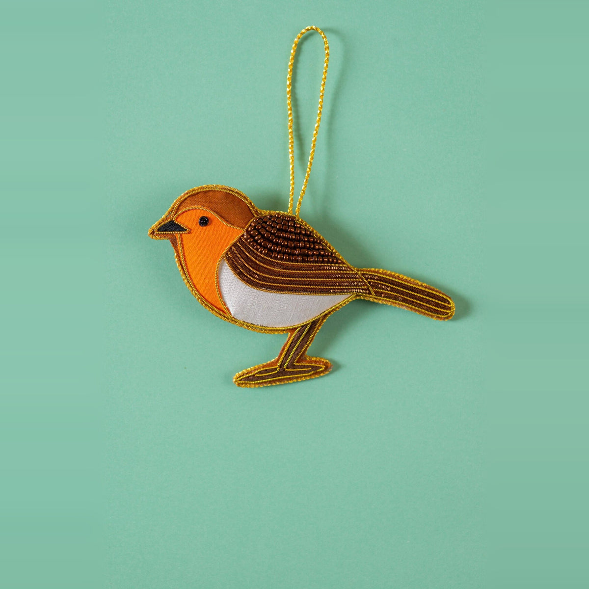 Robin embroidered Christmas decoration, orange breast and brown wings, on a mint green background