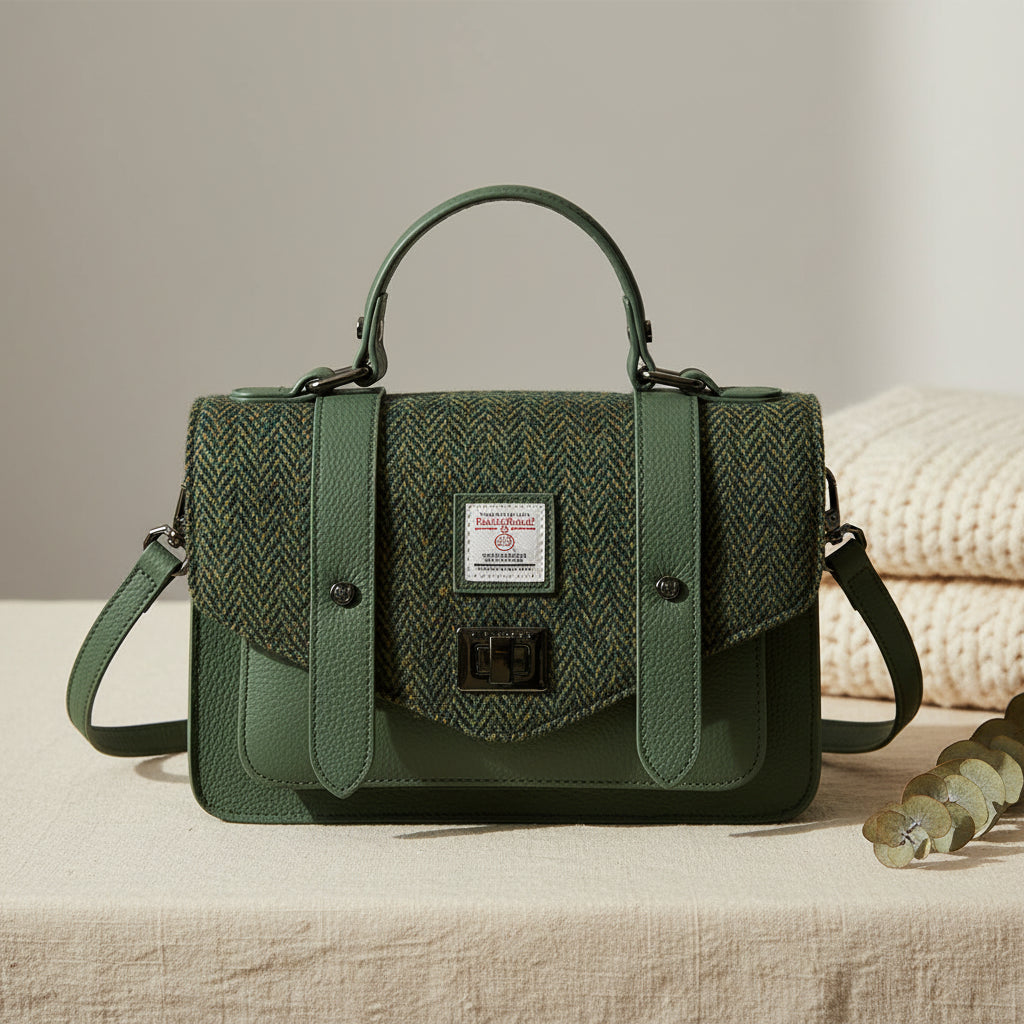 Dark green Harris Tweed medium leather satchel with adjustable shoulder strap.