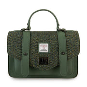 Dark green herringbone Harris Tweed medium leather satchel front view with top handle.
