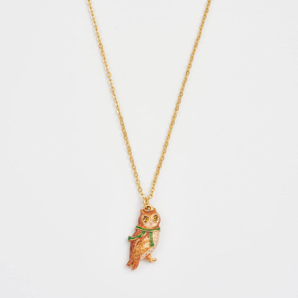 Cosy Owl Gold Chain Necklace close-up showing intricate enamel details on owl face