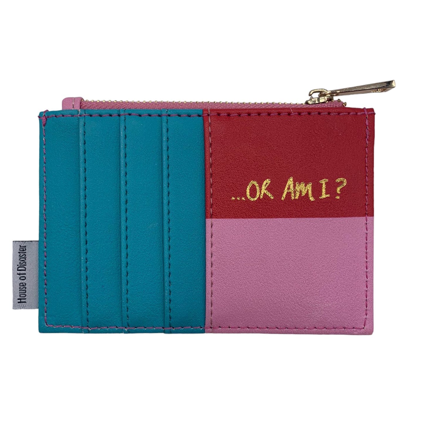 Overthinking It purse back showing gold foil Or Am I text and teal card slots