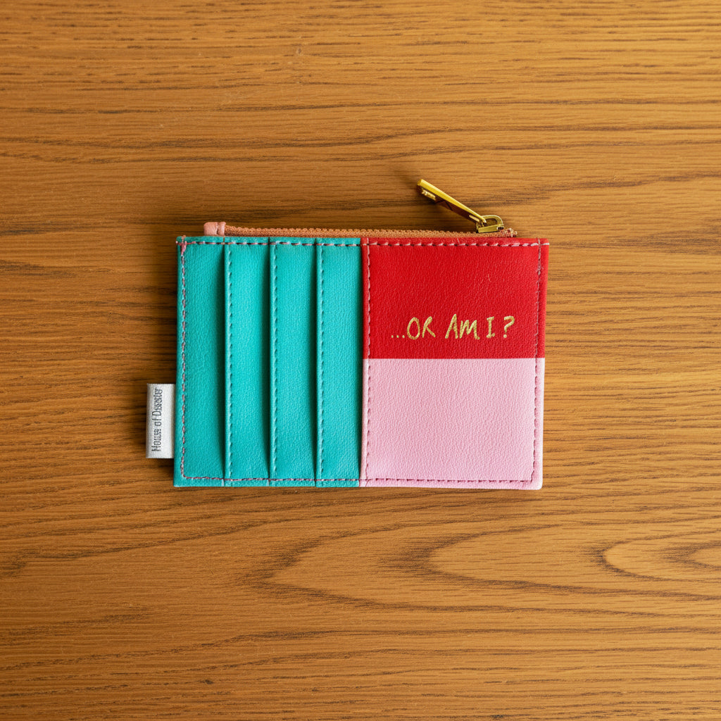 Overthinking It purse card slots and coloured back panel on yellow grid background