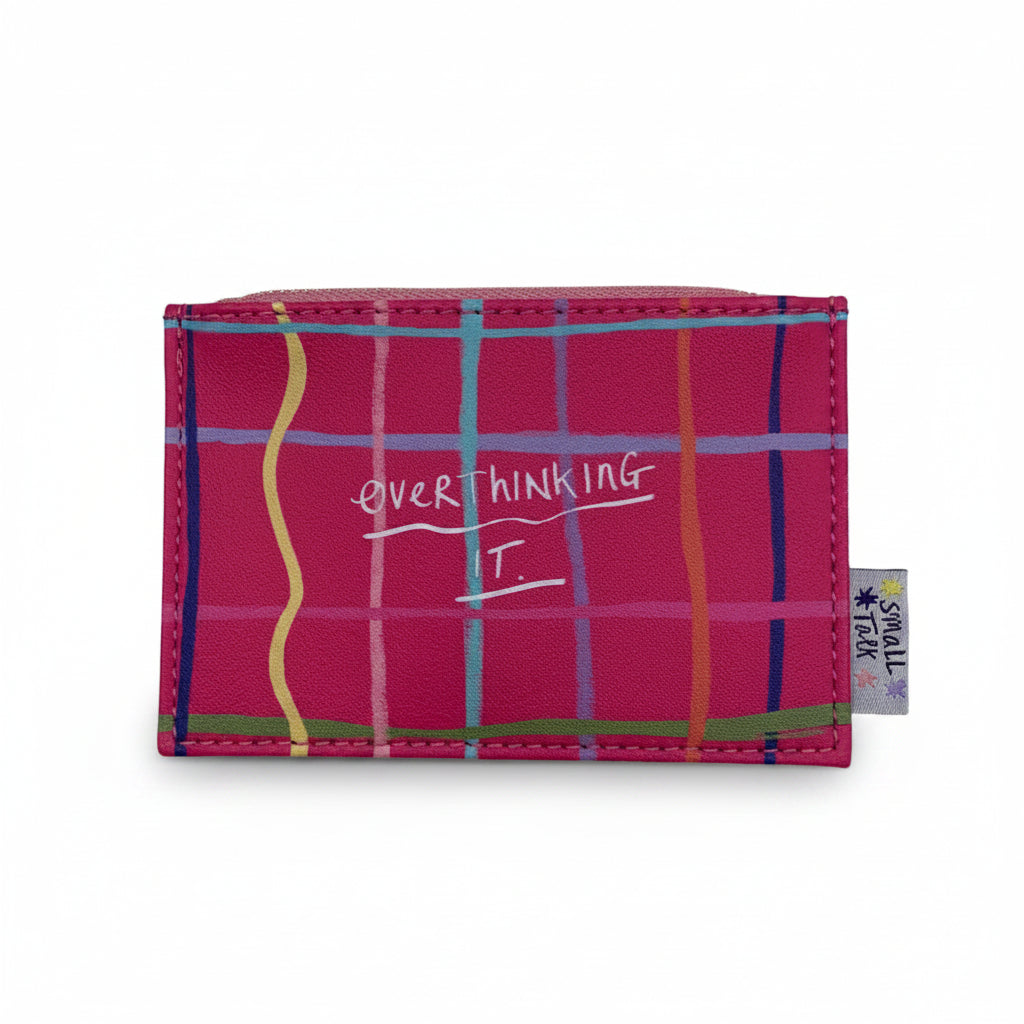 Overthinking It pink plaid zip purse with gold zip - front view on white background