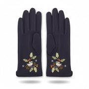 Single navy bird glove angled showing embroidery on pink background