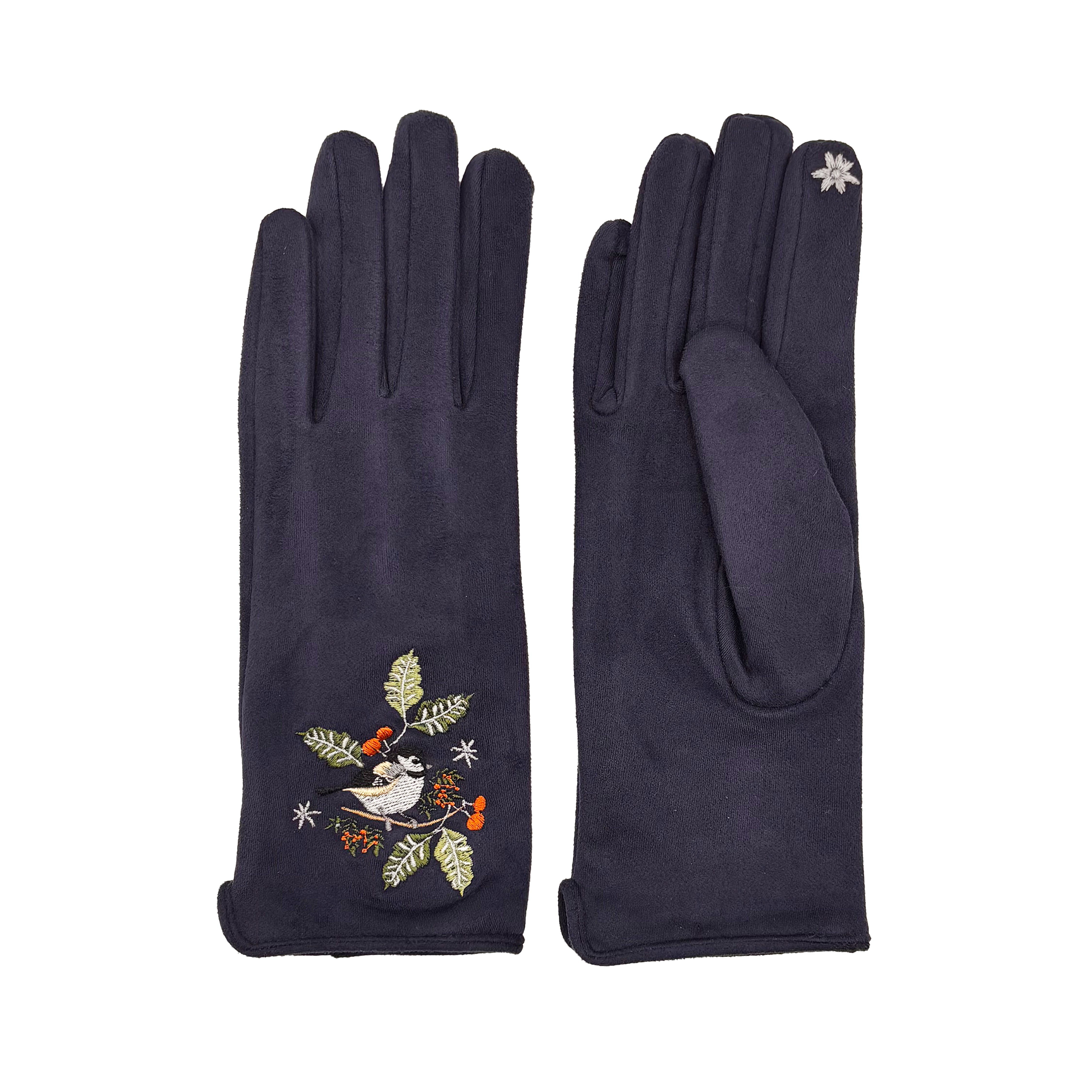 Navy bird gloves pair showing front and back on white background