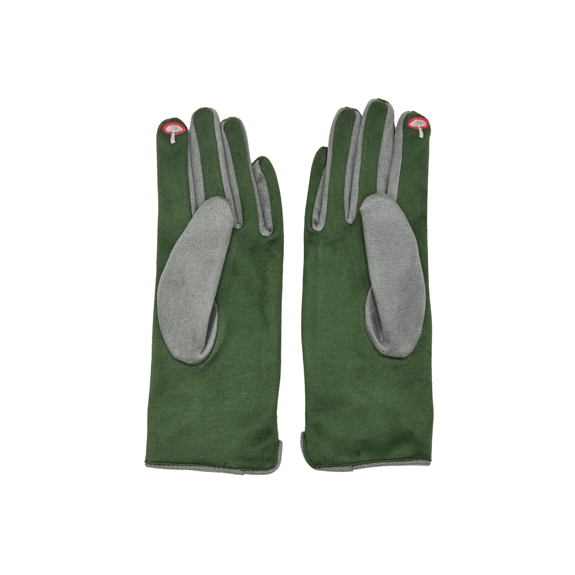 Deer gloves palm side showing grey panels and mushroom detail on white background