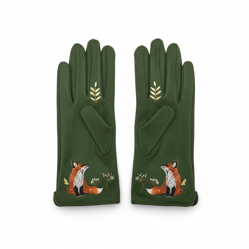 Embroidered fox gloves shown as a pair from the back on white background