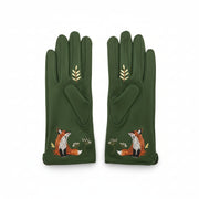 Embroidered fox gloves shown as a pair from the back on white background