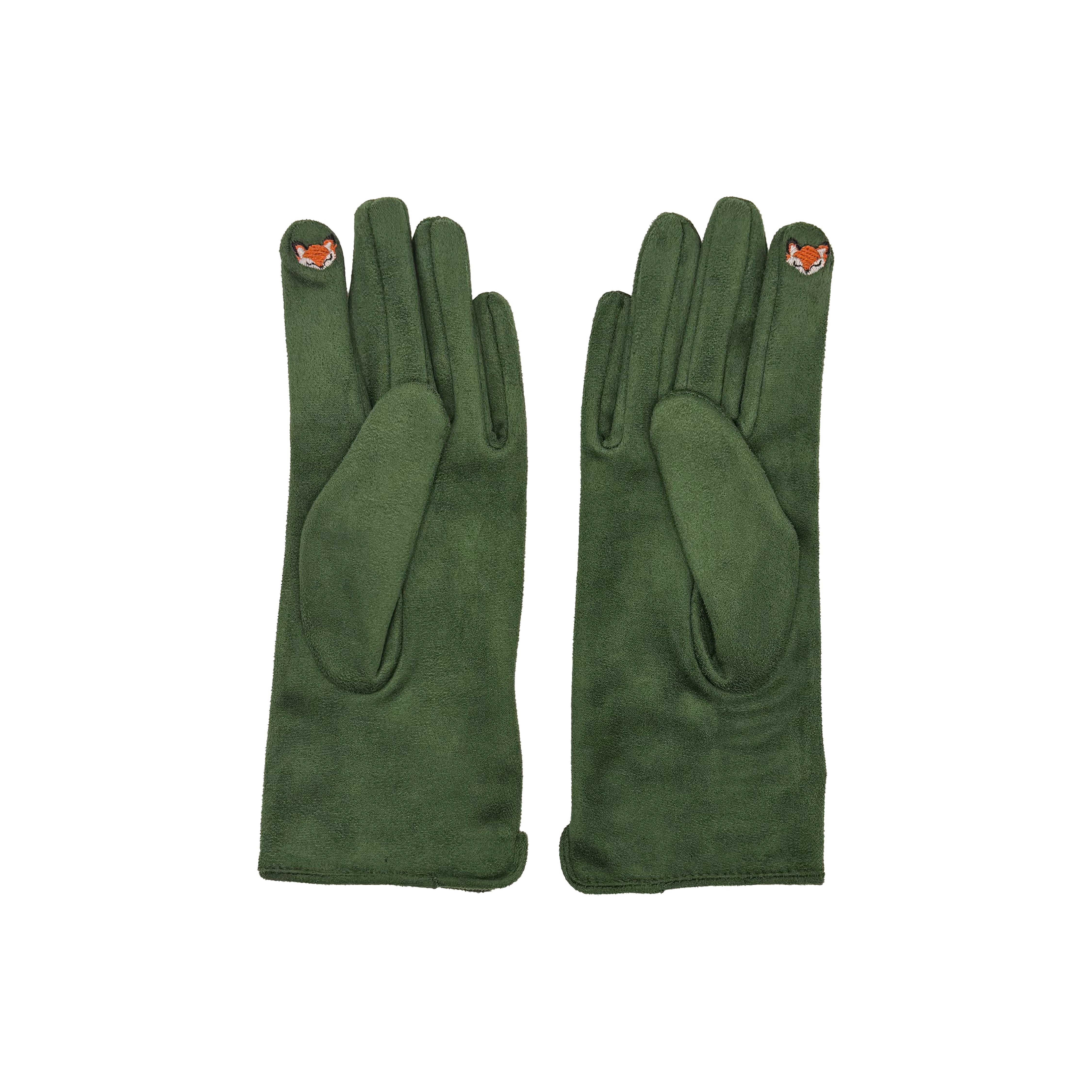 Single embroidered fox glove worn on hand against white background