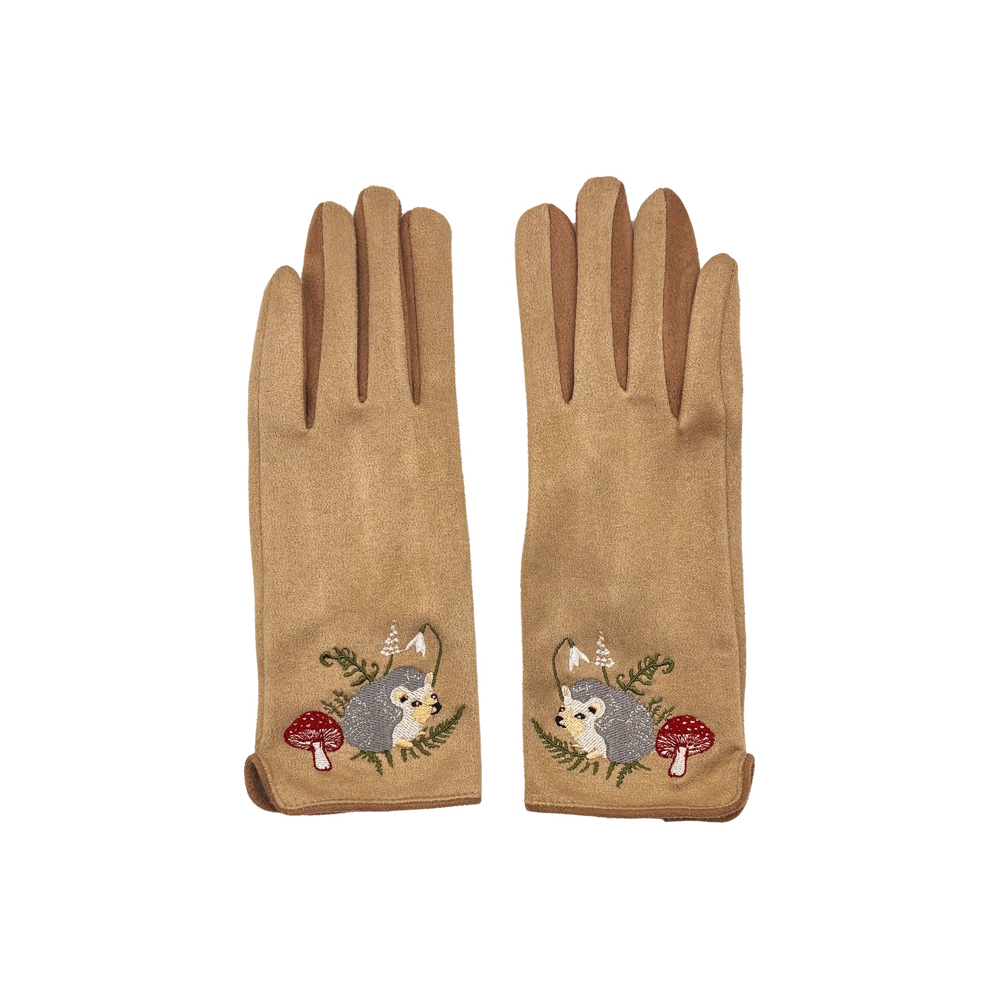 Single beige hedgehog glove angled showing embroidery on white background