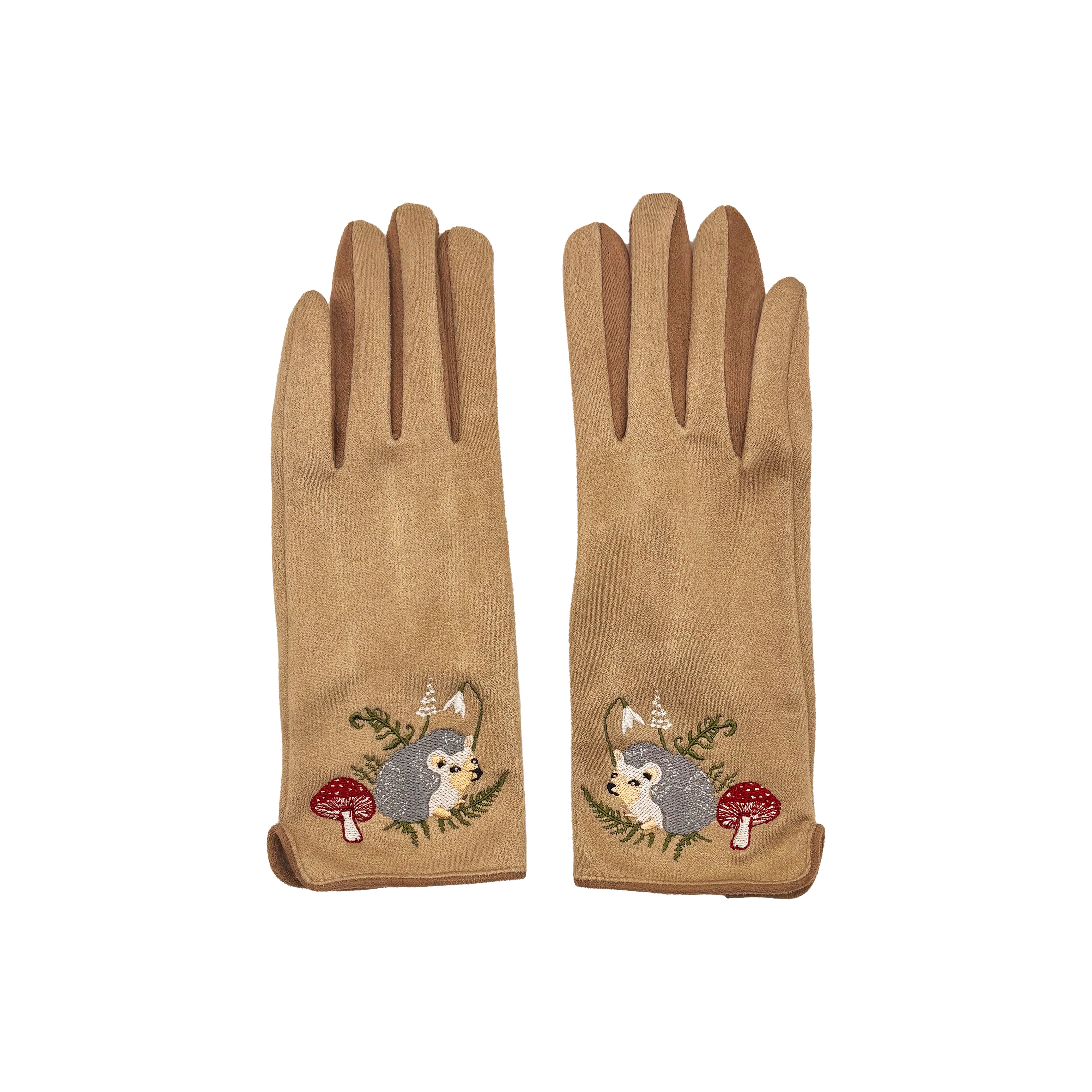 Single beige hedgehog glove angled showing embroidery on white background