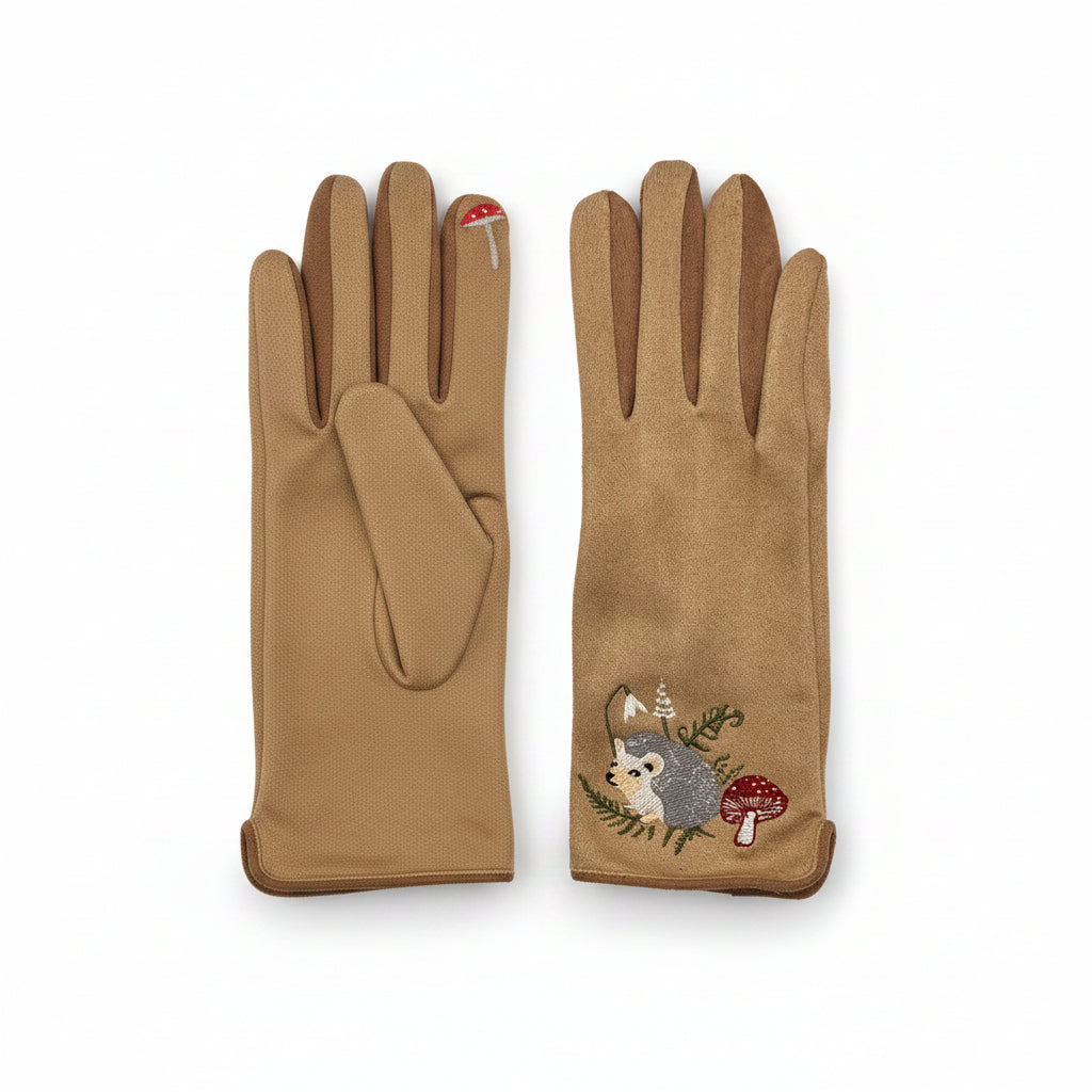 Beige hedgehog gloves pair showing front view on white background