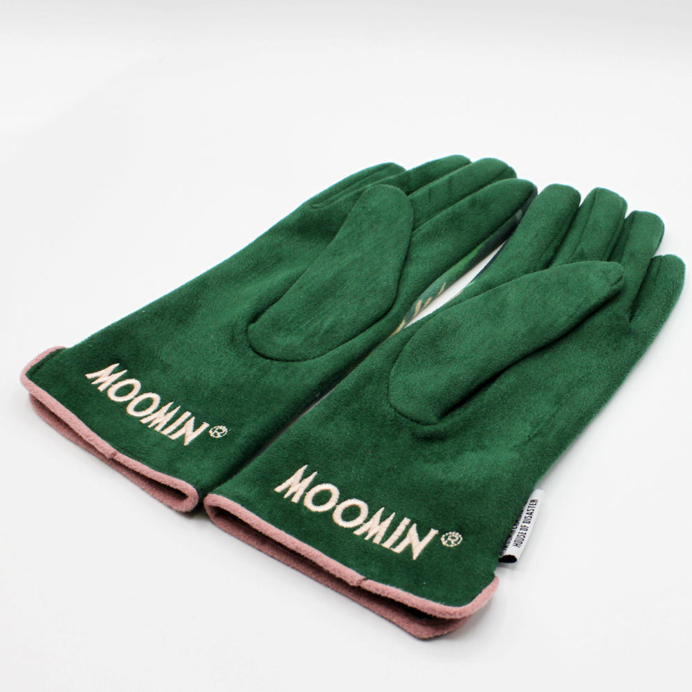 Moomin Forest Gloves angled reverse view showing green backs and embroidered logo