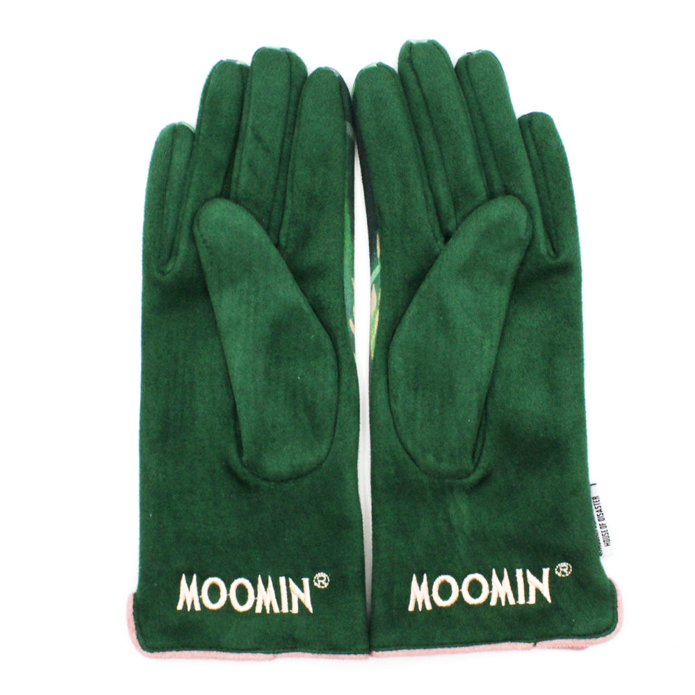 Moomin Forest Gloves reverse side in plain green with cream embroidered Moomin logos