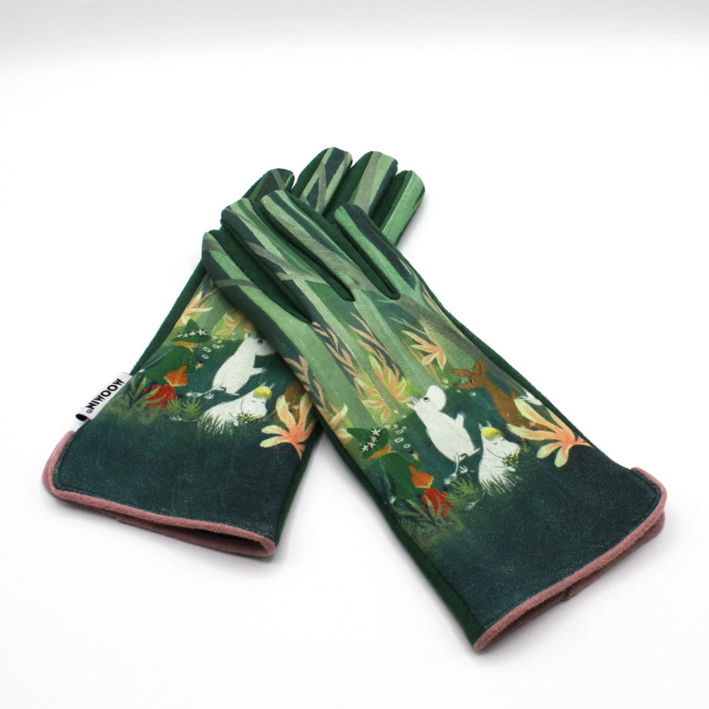 Moomin Forest Gloves crossed over each other showing printed cuffs and pink edging