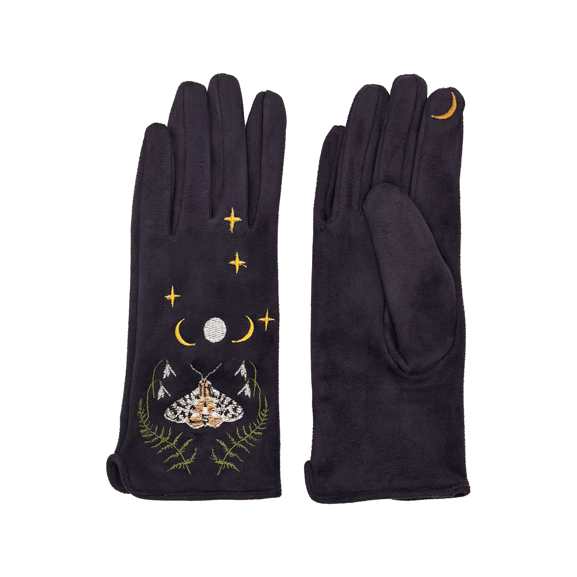 Single navy moth glove flat showing embroidery on pink background with greenery