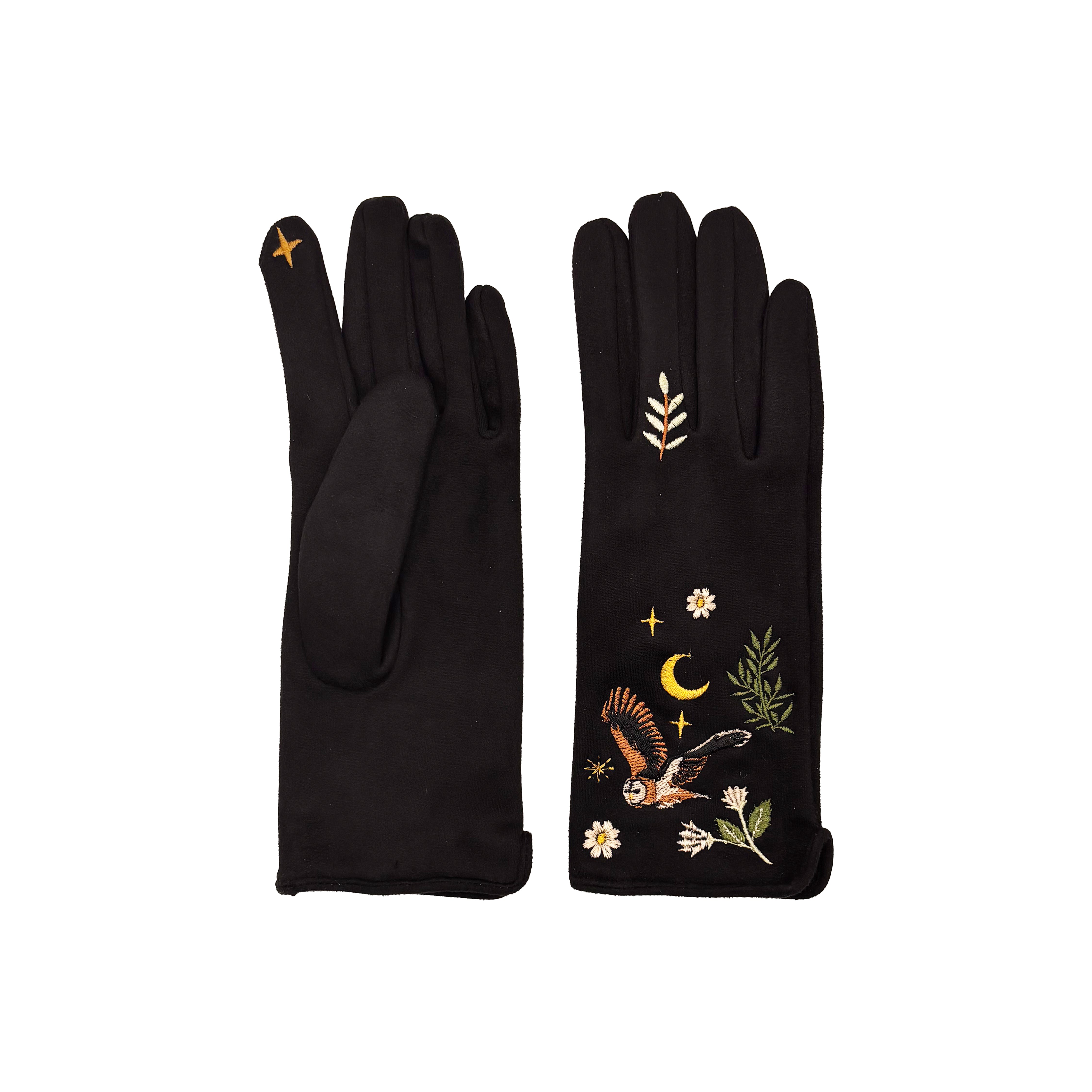 Owl gloves flat lay showing palm and front on white background