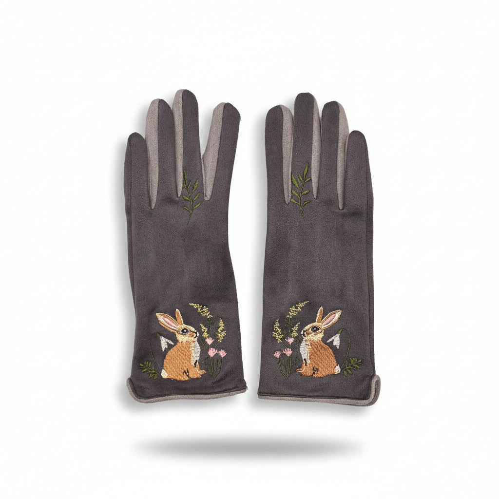 Grey rabbit gloves pair showing front embroidery on white background